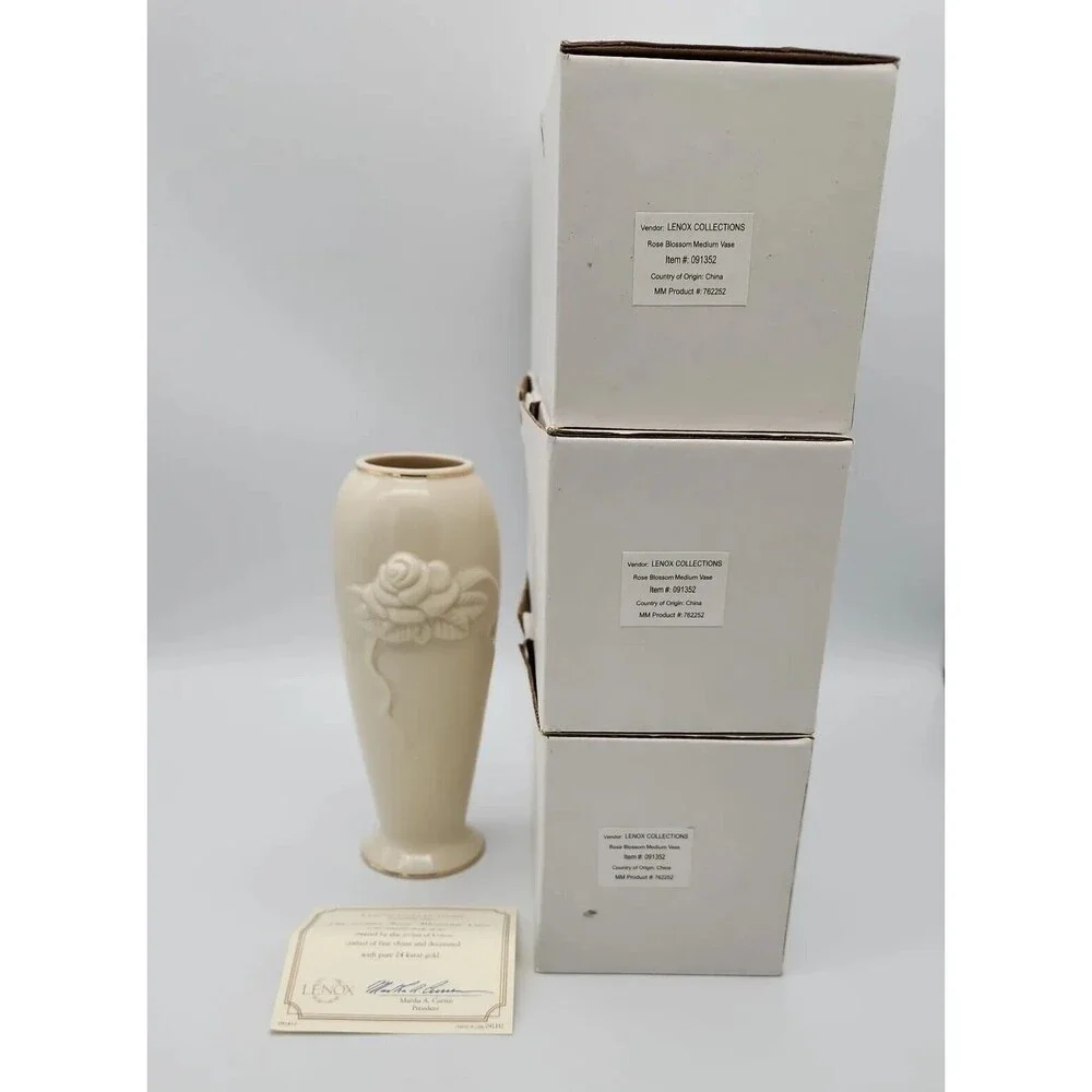 3 Lenox Collections Rose Blossom Medium Vases 24K Gold Trim NIB Item #091352